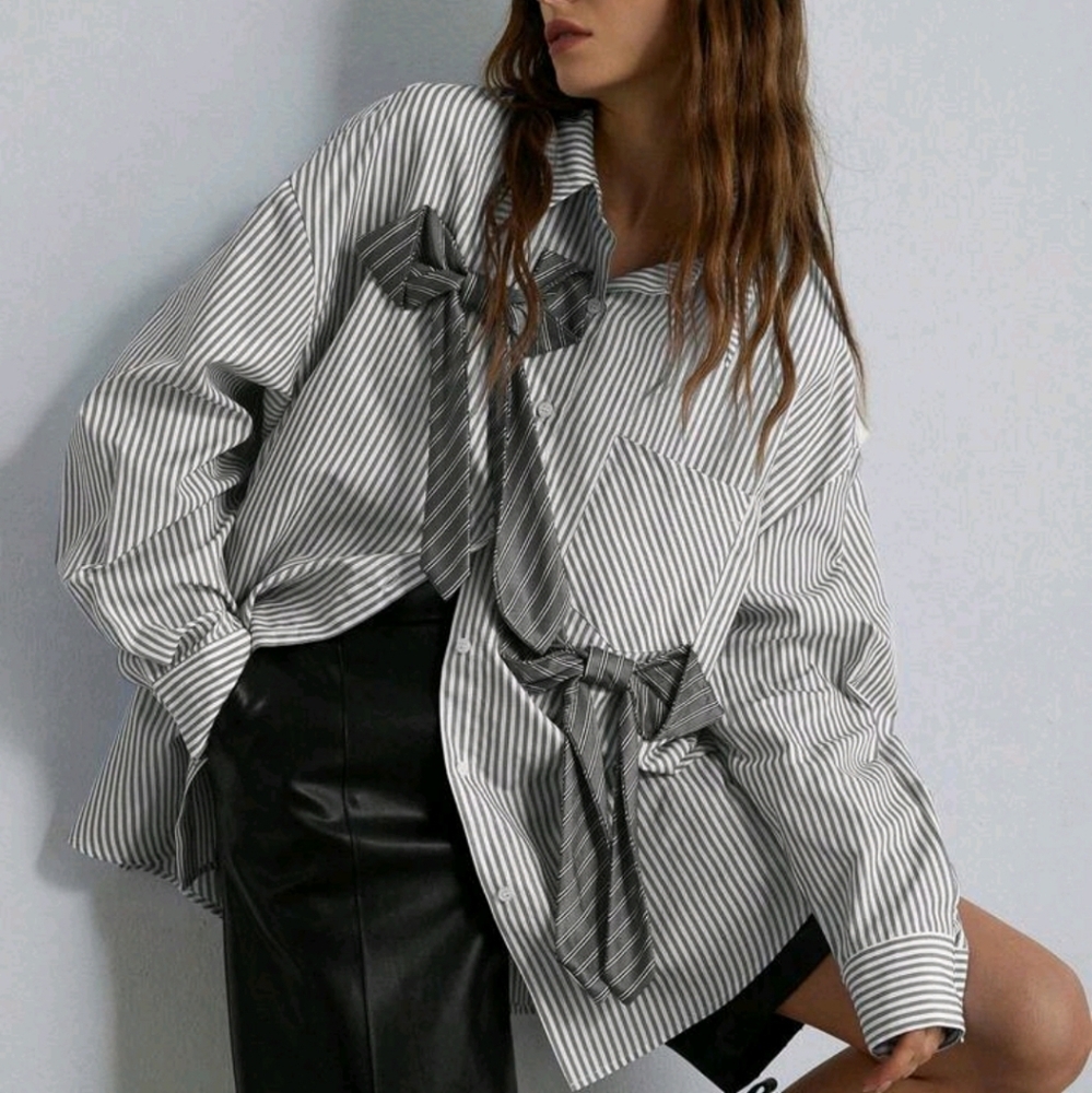 Women's Oversized Boyfriend Style Striped Bow Decor Button Down Shirt